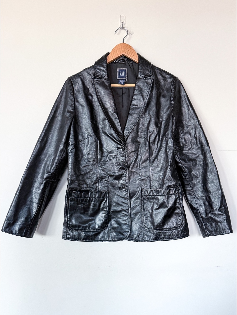 Vintage Gap 100% Genuine Leather 2000 Y2K Black Jacket Blazer Pocket Button
